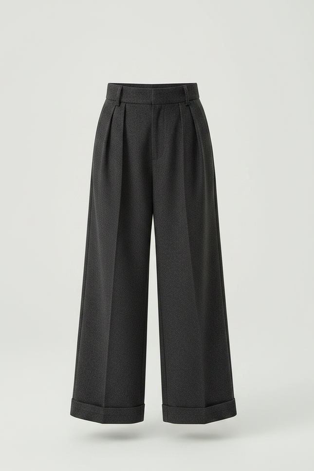 Pantalon À Pince Gris Foncé Laine Ample Plissé - vue 3