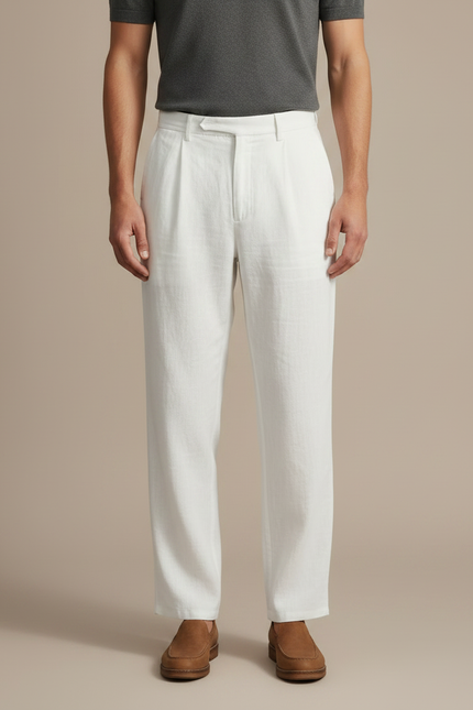 Pantalon À Pince Blanc Lin Ample Plissé Homme - vue 3