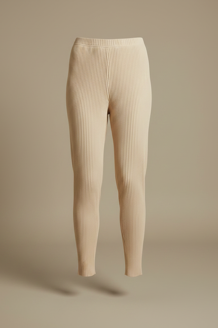 Pantalon À Pince Beige Plissé Tricoté Confortable Femme - Maille - vue 3