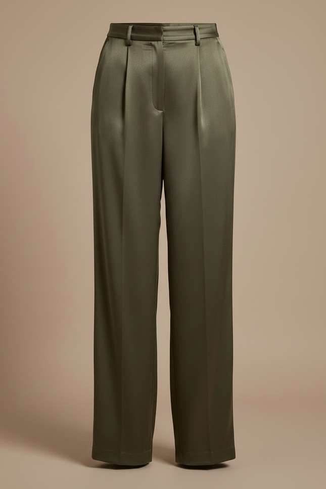 Pantalon À Pince Satiné Vert Kaki Ample Fluide Élégant - vue 3