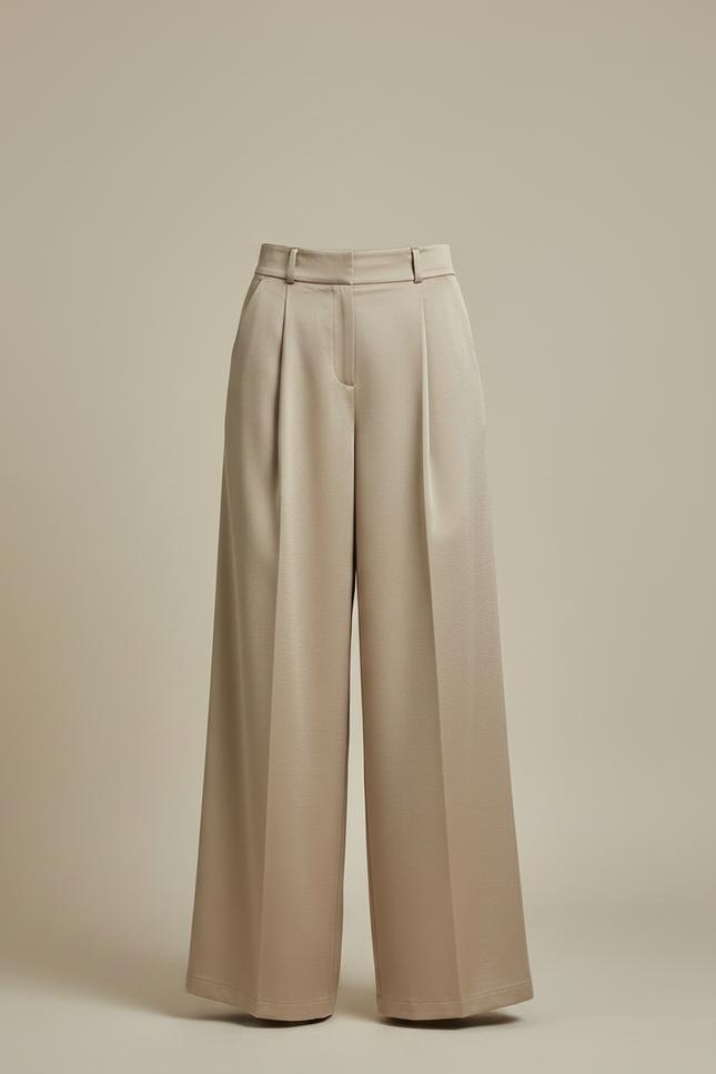Pantalon À Pince Satiné Beige Plissé Fluide Élégant - vue 3