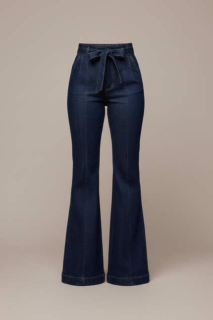 Pantalon À Pince Bleu Marine Évasé Taille Haute Denim - Jean - vue 3