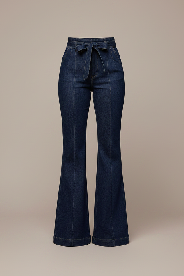 Pantalon À Pince Bleu Marine Évasé Taille Haute Denim - Jean - vue 3