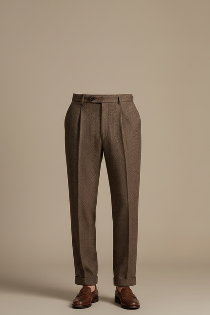 Pantalon À Pince Marron Laine Plissé Droit Élégant Homme - Tweed - vue 3