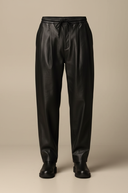Pantalon À Pince Noir Ample Cuir Streetwear Homme - vue 3