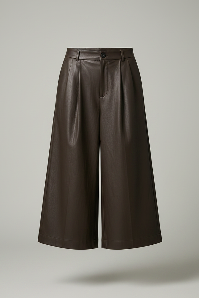 Pantalon À Pince Marron Similicuir Ample Élégant Femme - Simili cuir - vue 3