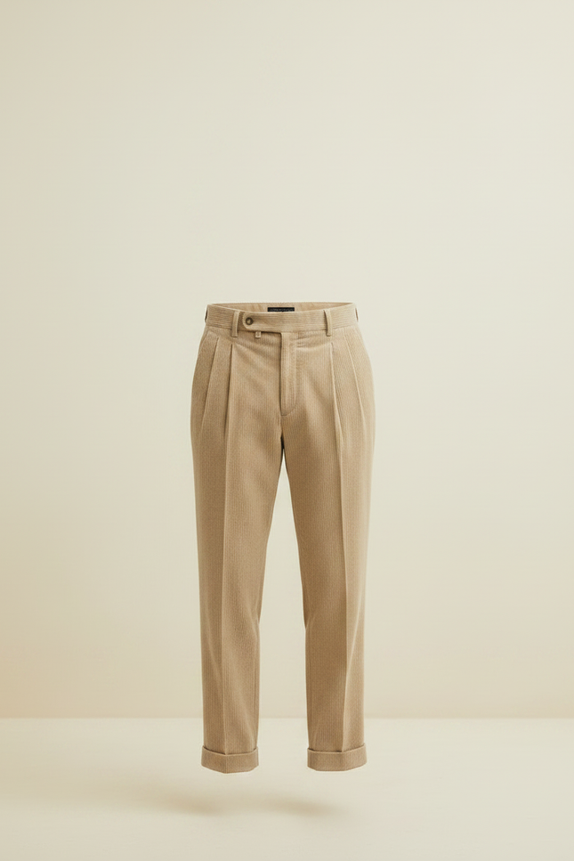 Pantalon À Pince Beige Côtelé Droit Plissé Homme - Cordé - vue 3