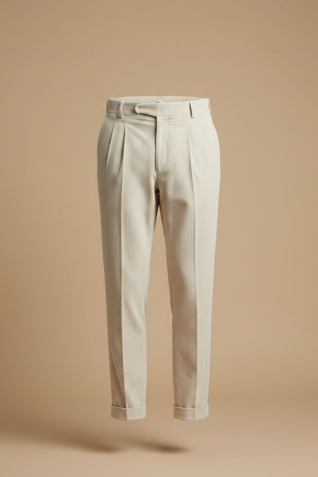 Pantalon À Pince Crème Coton Plissé Décontracté Homme - Beige Cordé - vue 3