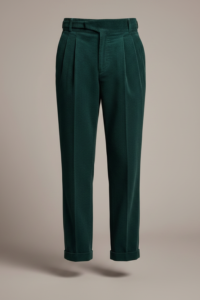 Pantalon À Pince Vert Sapin Côtelé Plissé Homme Élégant - Cordé - vue 3