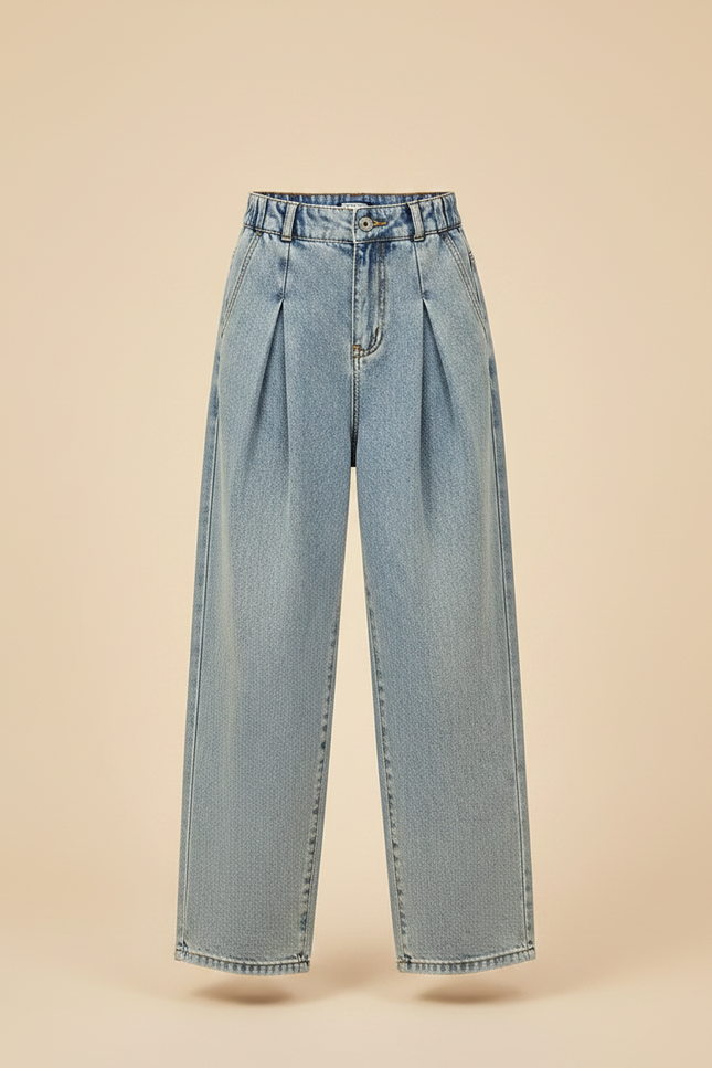Pantalon À Pince Denim Ample Plissé Fille Décontracté - Bleu Jean - vue 3