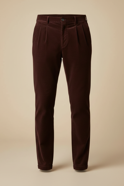 Pantalon À Pince Velours Côtelé Marron Plissé Homme Hiver - Bordeaux Cordé - vue 3