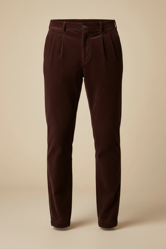 Pantalon À Pince Velours Côtelé Marron Plissé Homme Hiver - Bordeaux Cordé - vue 3