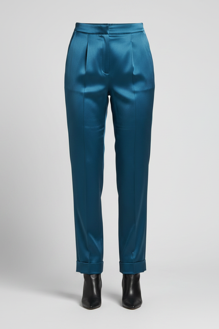 Pantalon À Pince Bleu Canard Satiné Élégant Fluide - vue 3