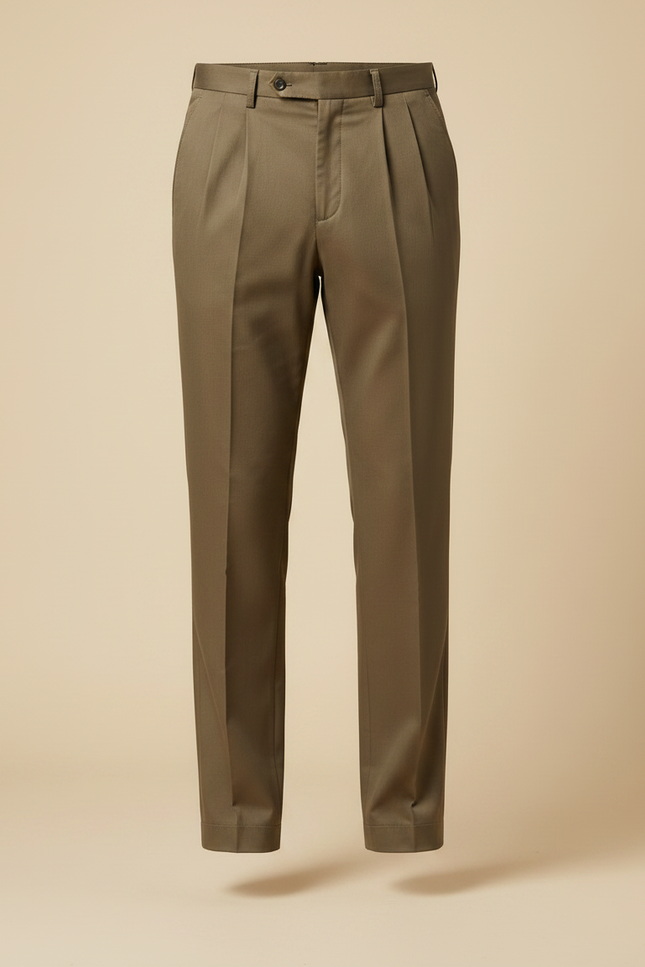 Pantalon À Pince Kaki Plissé Droit Élégant Coton Décontracté - Gabardine - vue 3