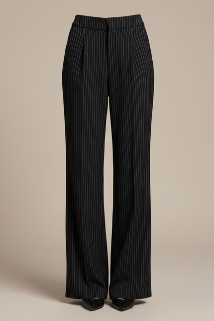 Pantalon À Pince Noir Rayé Ample Élégant Décontracté - Laine - vue 3