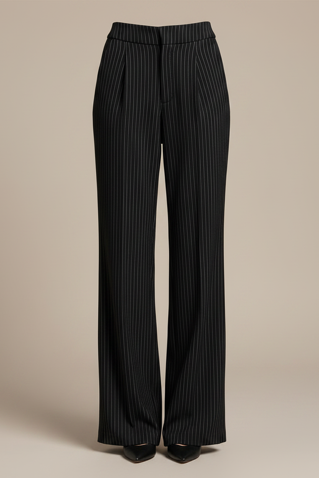 Pantalon À Pince Noir Rayé Ample Élégant Décontracté - Laine - vue 3