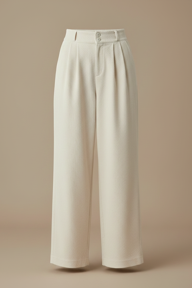 Pantalon À Pince Crème Plissé Ample Femme Élégant - Beige Cordé - vue 3