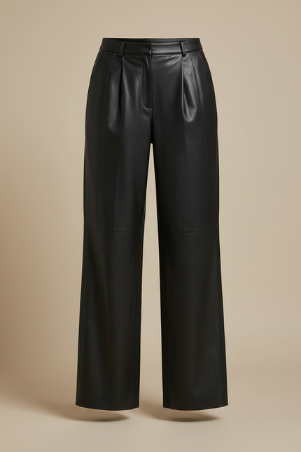 Pantalon À Pince Noir Cuir Ample Fluide Femme Élégant - vue 3