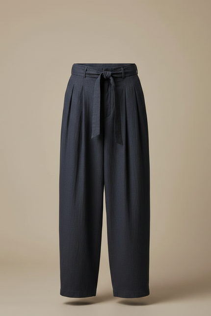 Pantalon À Pince Bleu Marine Ample Ceinture Décontracté - Lin - vue 3