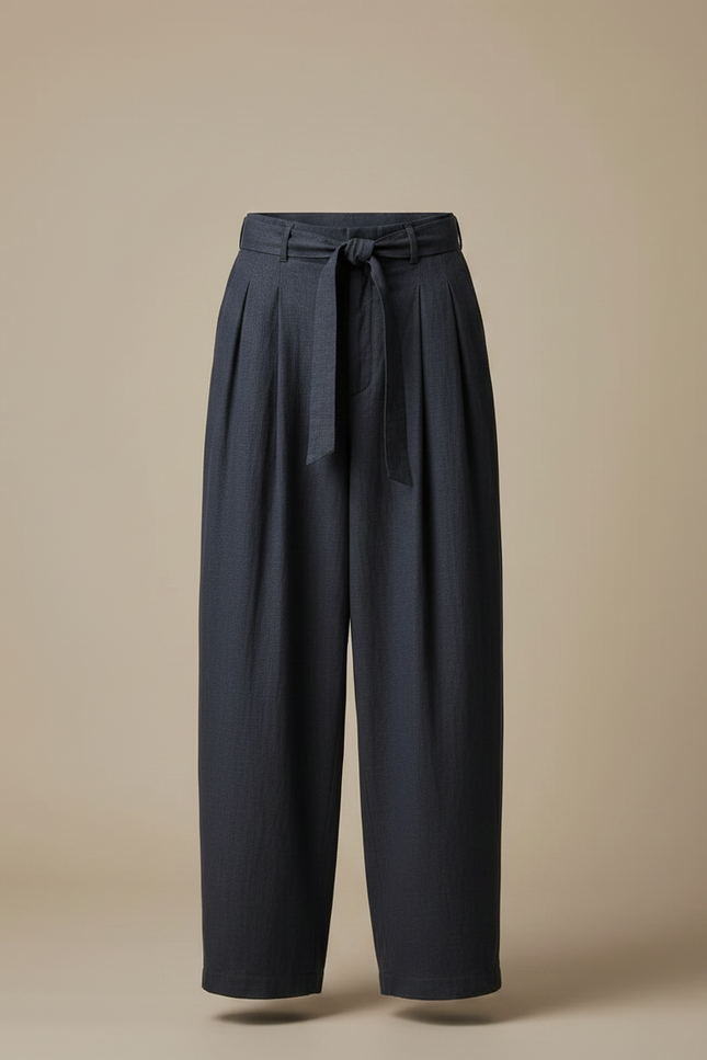 Pantalon À Pince Bleu Marine Ample Ceinture Décontracté - Lin - vue 3