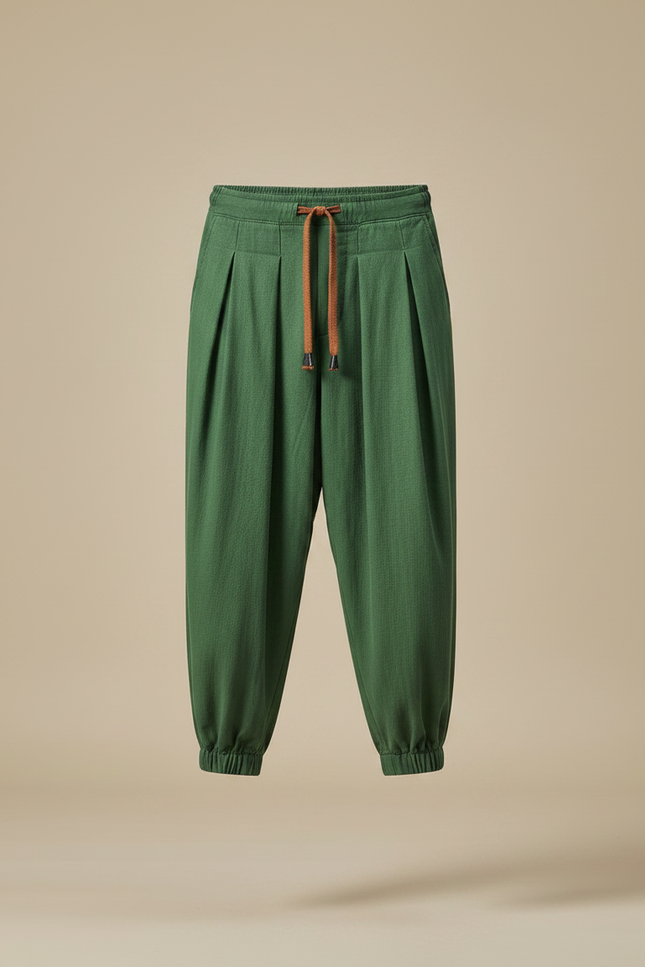 Pantalon À Pince Vert Ample Coton Décontracté Homme - vue 3