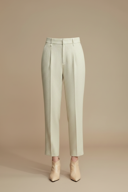 Pantalon À Pince Crème Laine Plissé Fuselé Femme - Beige Tweed - vue 3