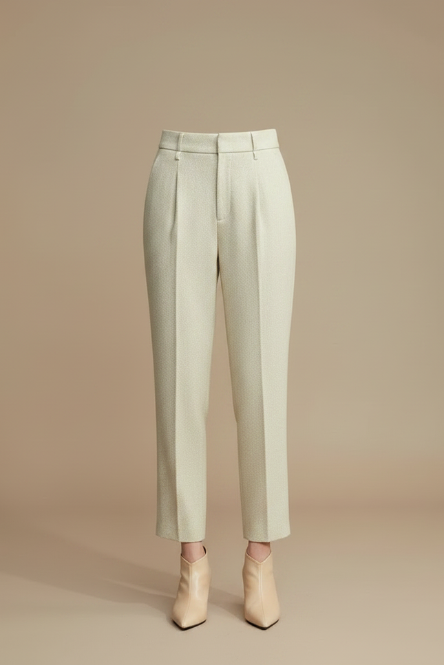 Pantalon À Pince Crème Laine Plissé Fuselé Femme - Beige Tweed - vue 3