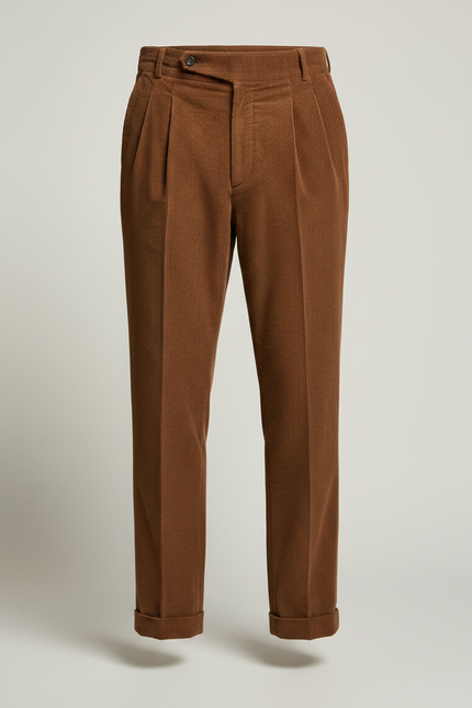 Pantalon À Pince Marron Côtelé Plissé Élégant Homme - Cordé - vue 3