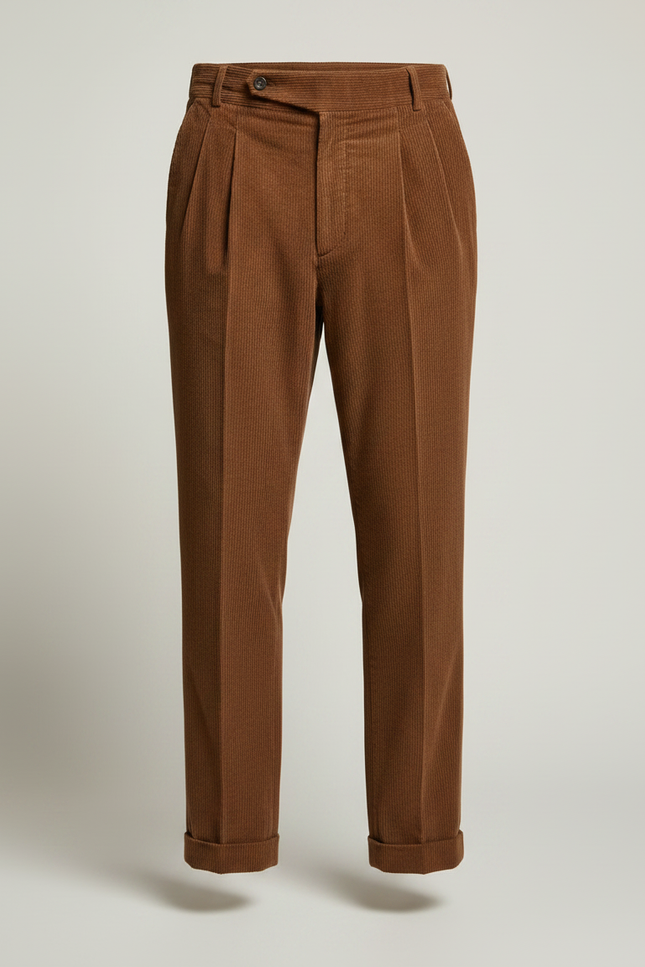 Pantalon À Pince Marron Côtelé Plissé Élégant Homme - Cordé - vue 3
