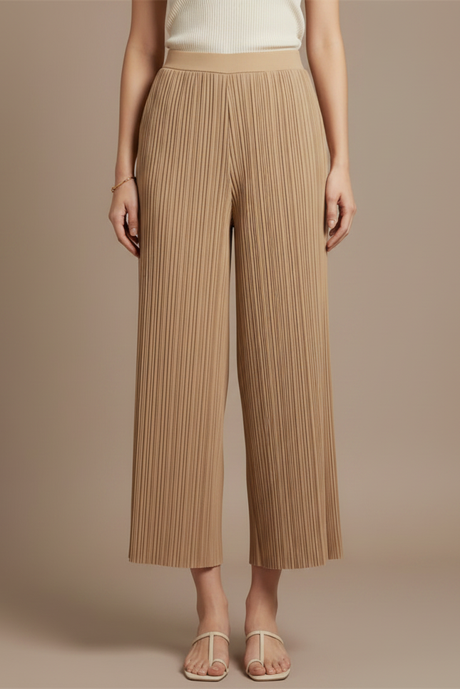 Pantalon À Pince Plissé Fluide Beige Ample Élégant - Polyester - vue 3