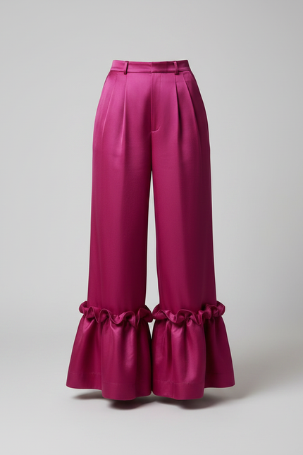 Pantalon À Pince Fuchsia Satiné Volants Évasé Élégant - Rose - vue 3