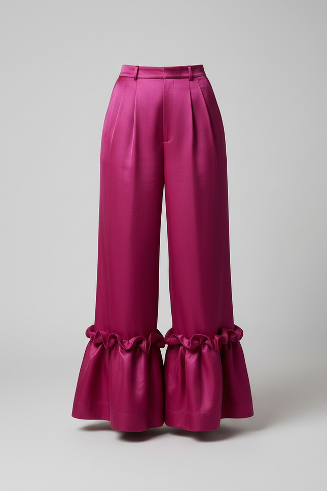Pantalon À Pince Fuchsia Satiné Volants Évasé Élégant - Rose - vue 3
