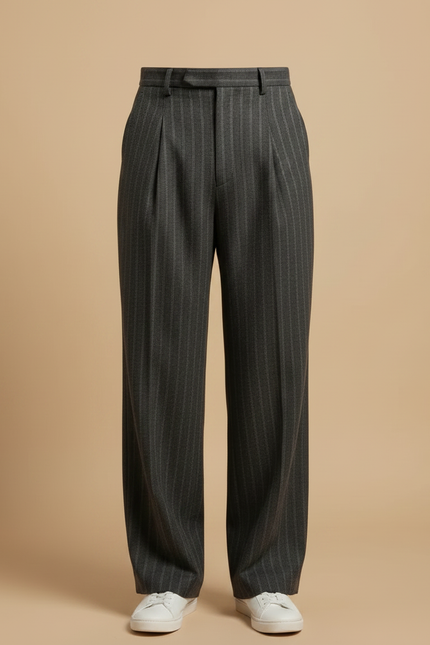 Pantalon À Pince Gris Rayé Plissé Large Élégant Homme - Laine - vue 3
