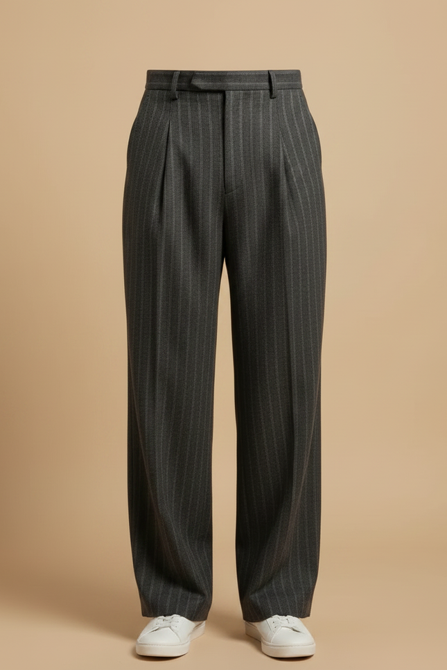 Pantalon À Pince Gris Rayé Plissé Large Élégant Homme - Laine - vue 3