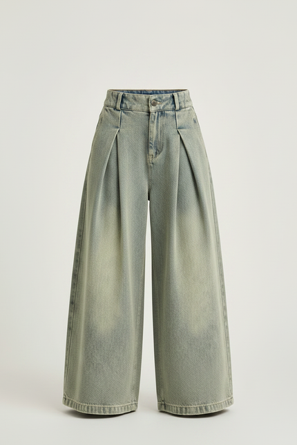 Pantalon À Pince Denim Plissé Ample Dégradé Fille - Vert Jean - vue 3