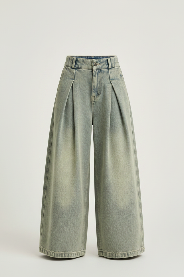 Pantalon À Pince Denim Plissé Ample Dégradé Fille - Vert Jean - vue 3