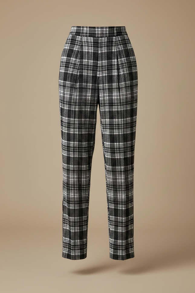 Pantalon À Pince Carreaux Noir Blanc Plissé Décontracté Fluide Femme - Imprimé Laine - vue 3