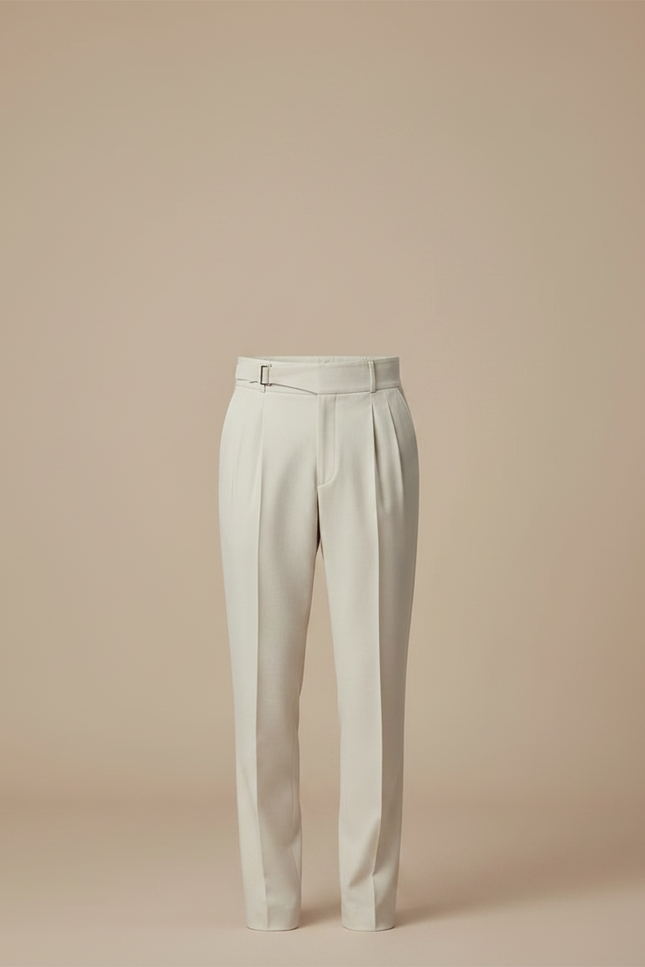 Pantalon À Pince Crème Plissé Droit Décontracté Ceinturé - Beige Gabardine - vue 3
