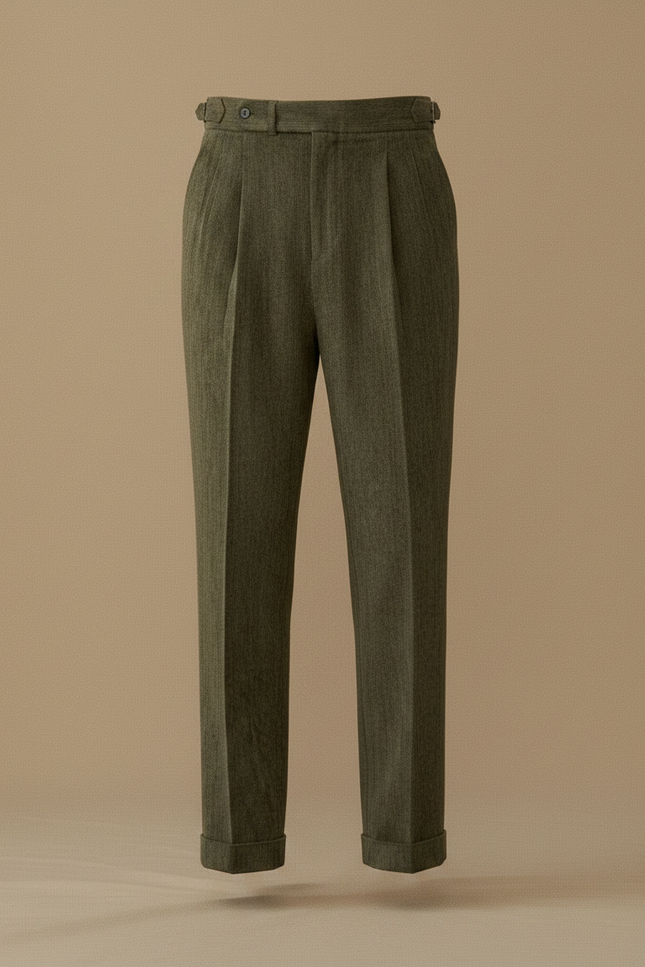 Pantalon À Pince Vert Olive Velours Côtelé Plissé Homme - Cordé - vue 3