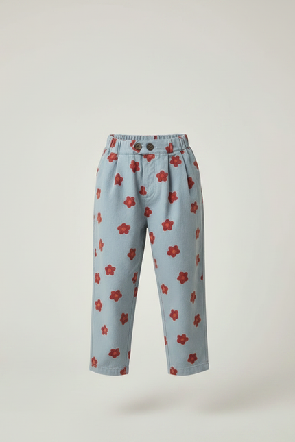Pantalon À Pince Bleu Ciel Fleurs Rouges Ample Coton - Imprimé - vue 3
