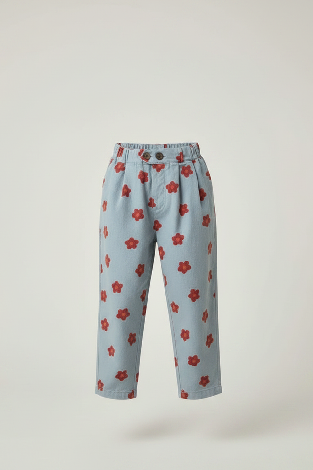Pantalon À Pince Bleu Ciel Fleurs Rouges Ample Coton - Imprimé - vue 3