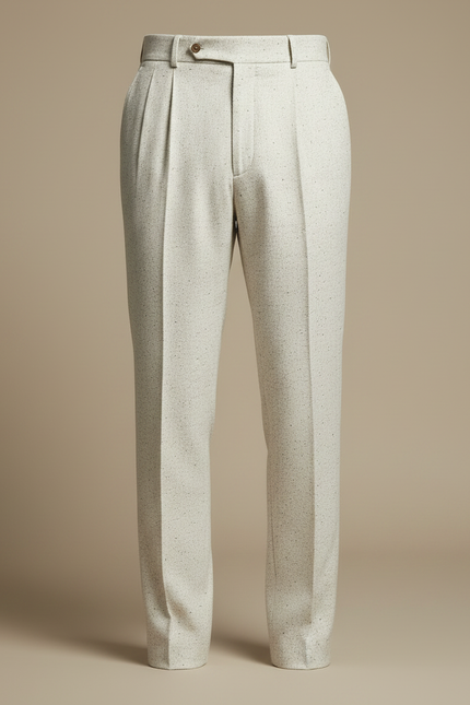 Pantalon À Pince Crème Plissé Laine Tweed Droit Homme - Beige - vue 3