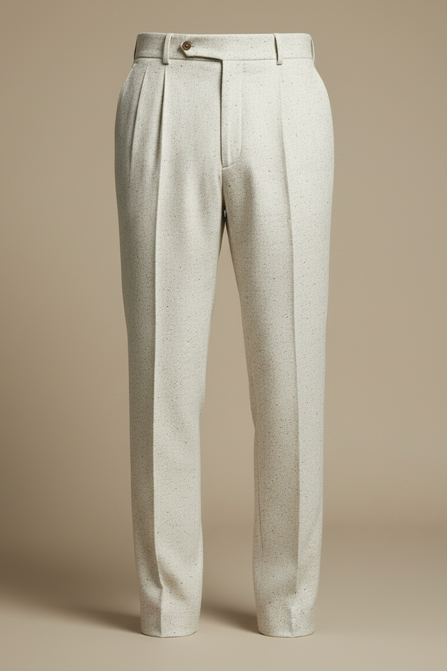 Pantalon À Pince Crème Plissé Laine Tweed Droit Homme - Beige - vue 3