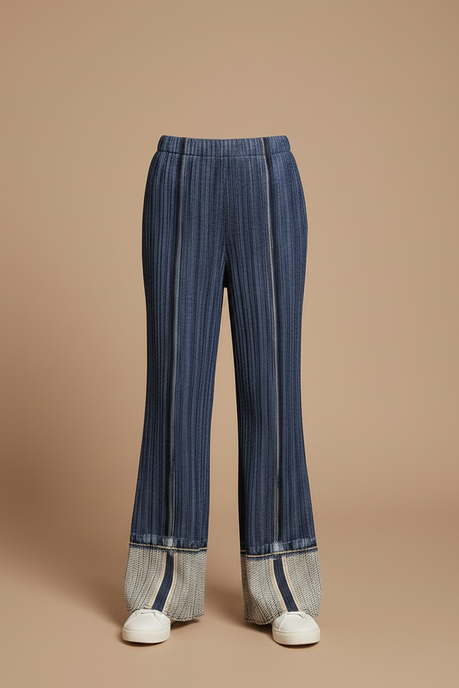 Pantalon À Pince Bleu Plissé Évasé Décontracté - Maille - vue 3