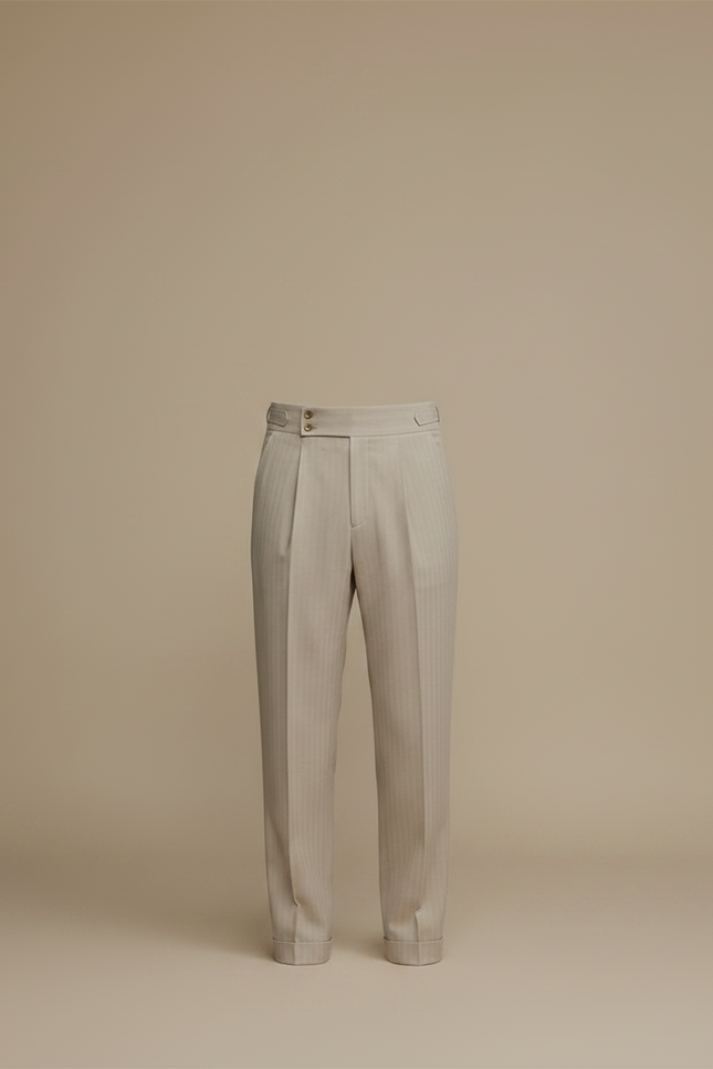 Pantalon À Pince Beige Plissé Rayé Taille Haute Homme - Laine - vue 3