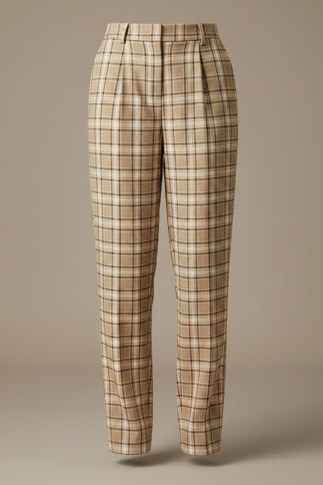 Pantalon À Pince Plaid Marron Ample Taille Haute Femme - Tweed - vue 3