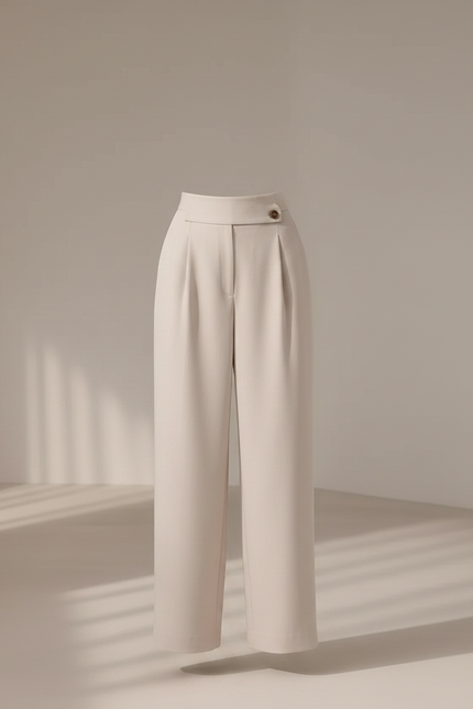 Pantalon À Pince Crème Droit Taille Haute Élégant - Beige Polyester - vue 3