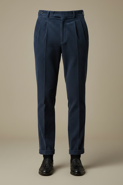 Pantalon À Pince Bleu Marine Côtelé Plissé Homme Élégant - Cordé - vue 3