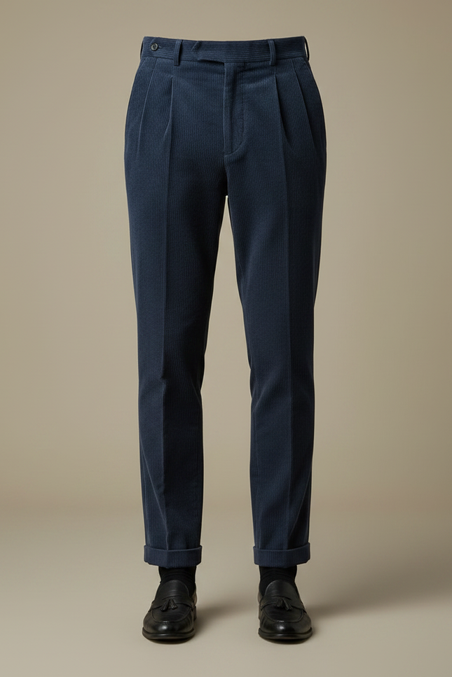 Pantalon À Pince Bleu Marine Côtelé Plissé Homme Élégant - Cordé - vue 3