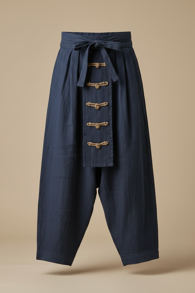 Pantalon À Pince Bleu Marine Ample Lin Décontracté Homme - vue 3